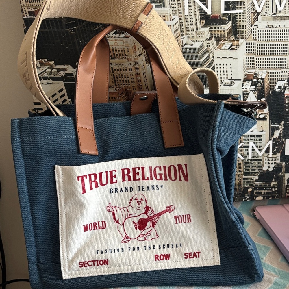 True Religion Denim and Tan Graphic Tote